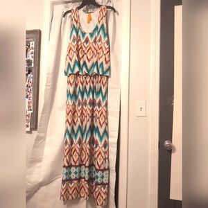 Magic Maxi Sleeveless Dress Colorful Red, Teal, Tan Size 1X‎